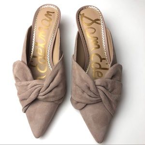 Sam Edelman Suede Bow Kitten Heel Mules Blush/ Tan